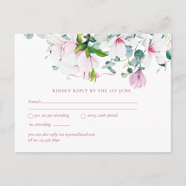 Pink Magnolias Sage Eukalyptus Wedding rsvp Postkarte (Vorderseite)