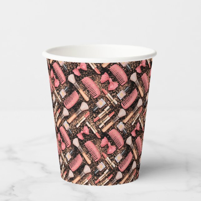 Pink Makeup Cosmetics Pattern Glitter  Pappbecher (Vorderseite)