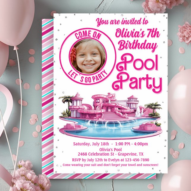 Pink Malibu Doll Pool Party Einladung (Cute Malibu doll pool party invitation with spot for your photo. Any age - simply add your details.)
