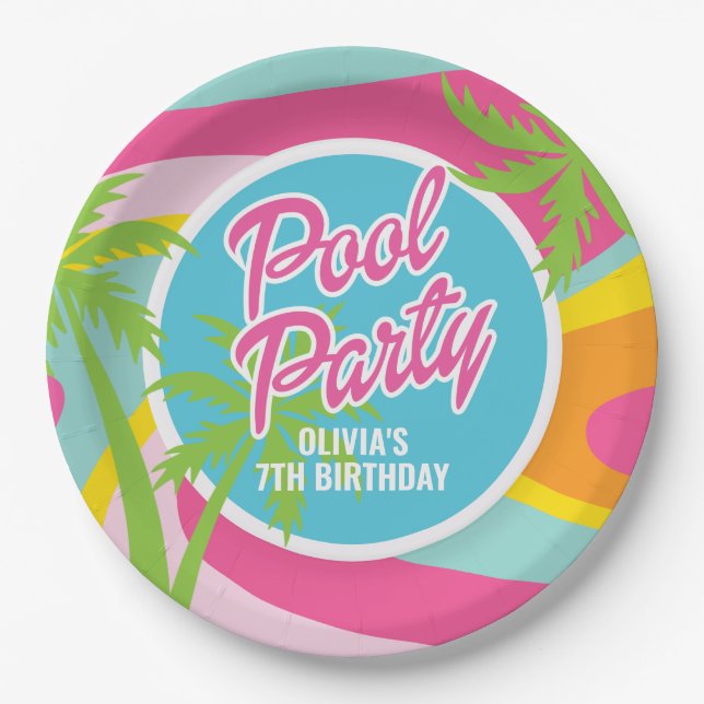 Pink Malibu Poolparty Geburtstag Pappteller (Vorderseite)