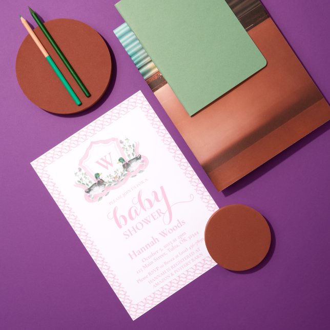 Pink Mallard Duck Monogram Coquette Baby Showdusch Einladung (Von Creator hochgeladen)