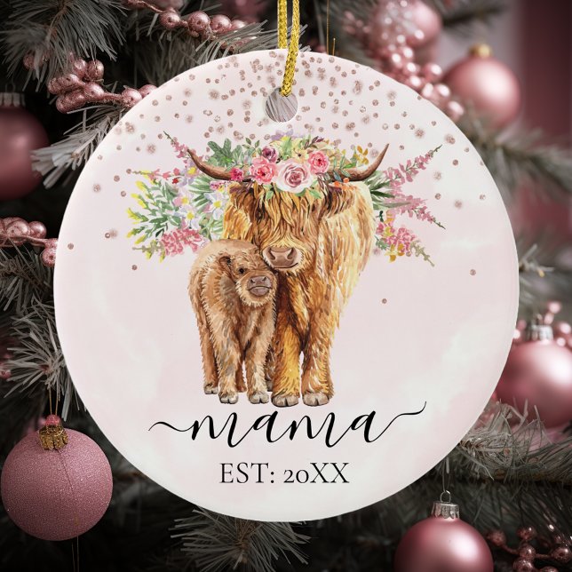 Pink Mama Baby Highland Cow Calf Mutter Keramik Ornament (Von Creator hochgeladen)