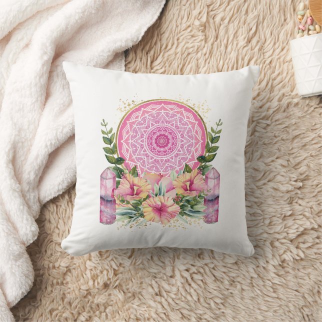 Pink Mandala Crystal Blume Watercolor Boho Throw Kissen (Decke)