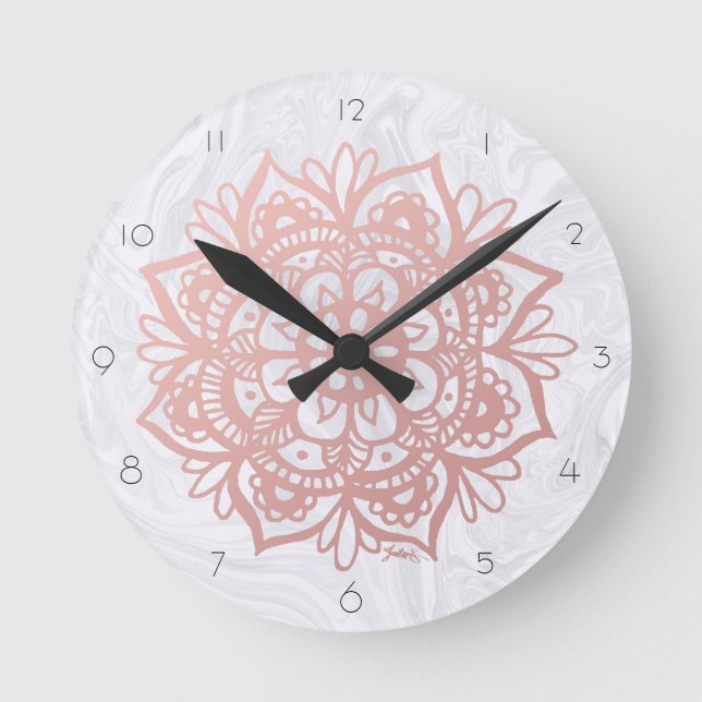 Pink Mandala Flower White Marble Wall Clock Runde Wanduhr (Vorderseite)