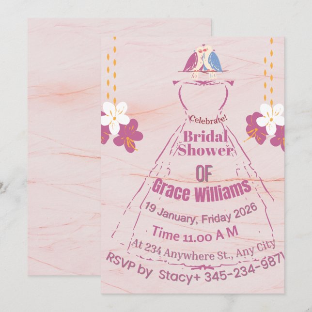 Pink Marble Bridal Gown Shower Invitation | Grace  (Devant / Derrière)