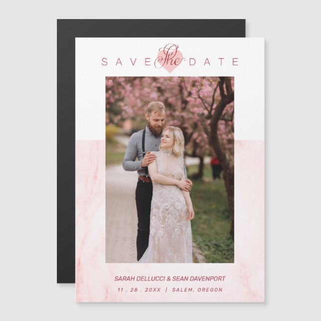 Pink Marble Effect Romantic Photo Engaged Couple Magnetkarte (Vorne/Hinten)
