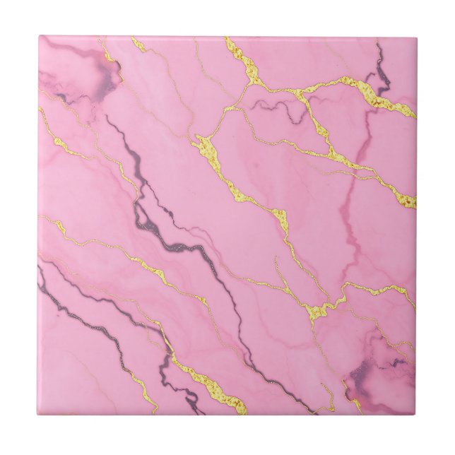 Pink Marble Gold Veins Pattern Fliese (Vorderseite)
