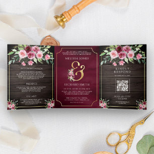 Pink Marsala Floral Ampersand Holz QR Code Hochzei Dreifach Gefaltete Einladung