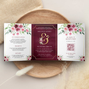Pink Marsala Floral Ampersand QR Code Hochzeit Dreifach Gefaltete Einladung
