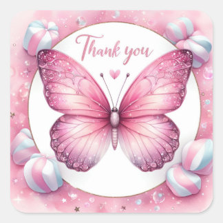 Pink Marshmallow Candy Butterfly - Danke - Quadratischer Aufkleber