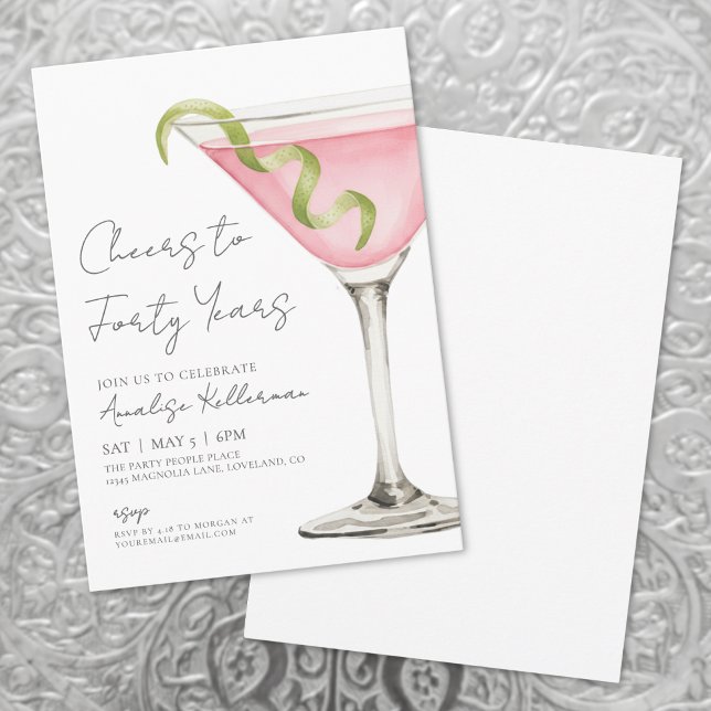 Pink Martini 40. Geburtstagsfeier Einladung (Cheers To Forty 40th Birthday Party Invitation )