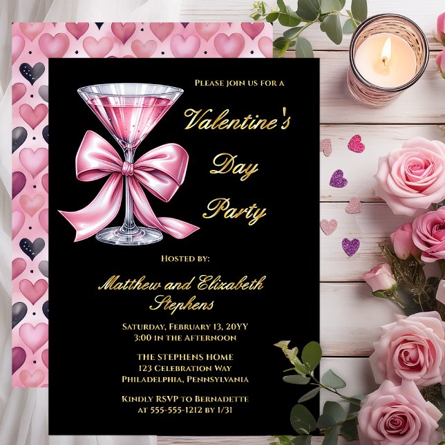 Pink Martini Coquette Bow Valantine's Day Party Folieneinladung (Valentine’s Day Party Gold Foil on Black Invitation | Pink Martini Bow Couple’s Valentine Invite)