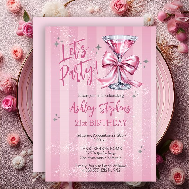 Pink Martini Let's Party 21st Birthday Party Einladung (Pink Martini "Let's Party" Adult Birthday Party Invitation)