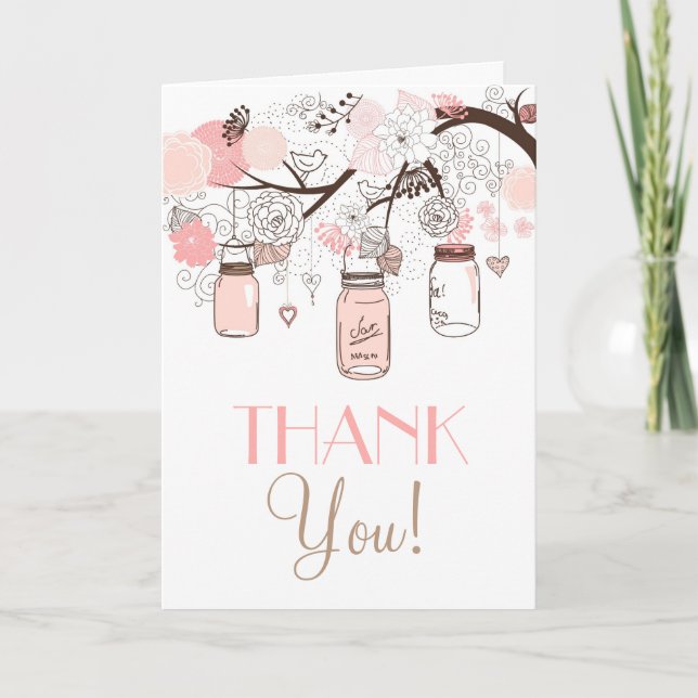 Pink Mason Jars und Liebe Vögel Danke Karte (Vorderseite)