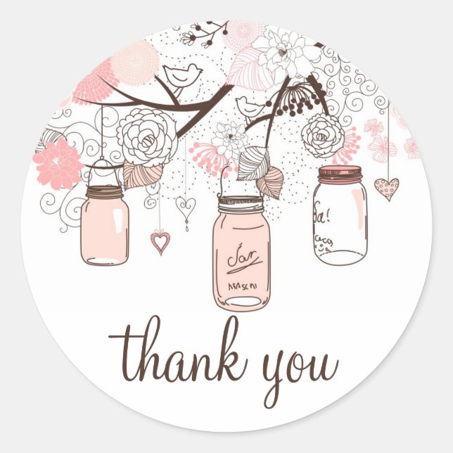 Pink Mason Jars und liebende Vögel Danke Aufkleber (Vorderseite)