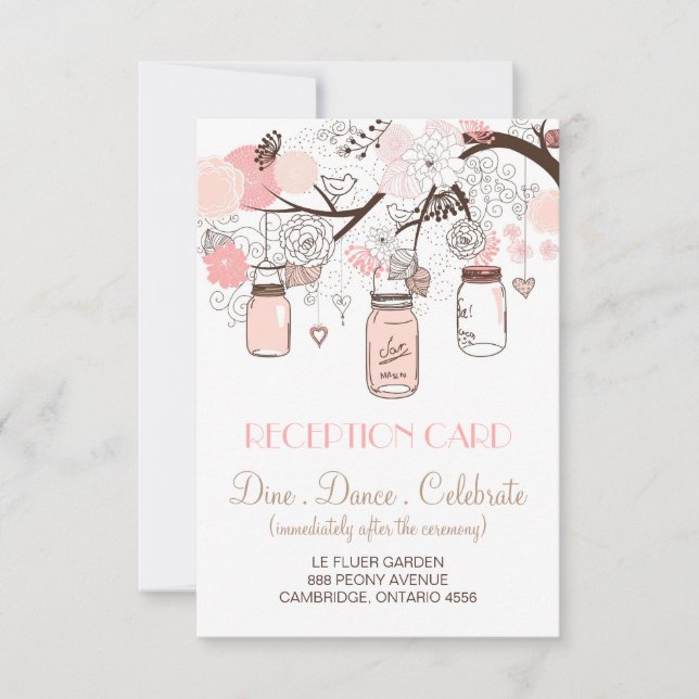 Pink Mason Jars und Love Birds Empfang Card Einladung (Vorderseite)
