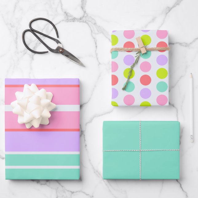 Pink Mauve and Blue Stripes and Polka Dots Geschenkpapier Set (Vorderseite)