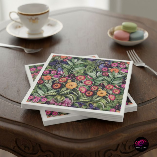 Pink Meadow Floral Serviette (Tropical floral pattern, stacked clean with crisp edges and bold detail that shows up instantly.)