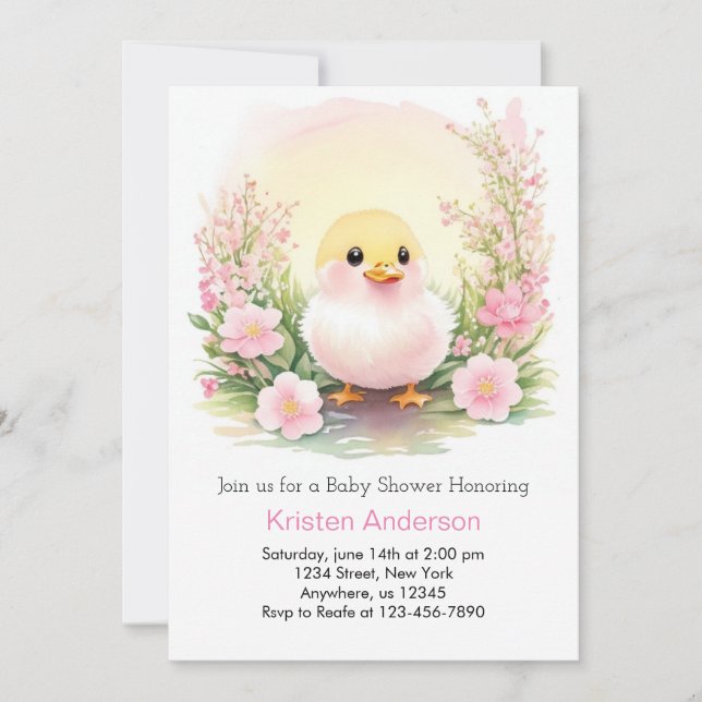 Pink Meadow Whimsy Duckling Girl Babydusche Einladung (Vorderseite)