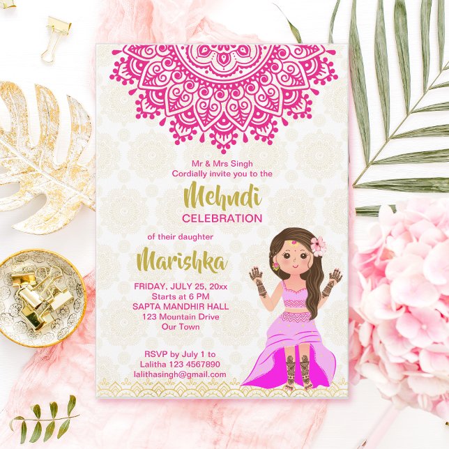 Pink mehndi mandala niedliche indische Mädchen Car Einladung (Von Creator hochgeladen)