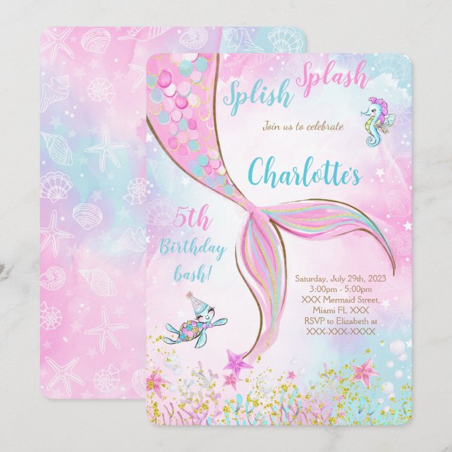 Pink Mermaid Birthday Einladung (Vorne/Hinten)
