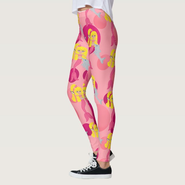 Pink Mermaid Brigit, Dolphin und Polka Punkte Leggings (Links)