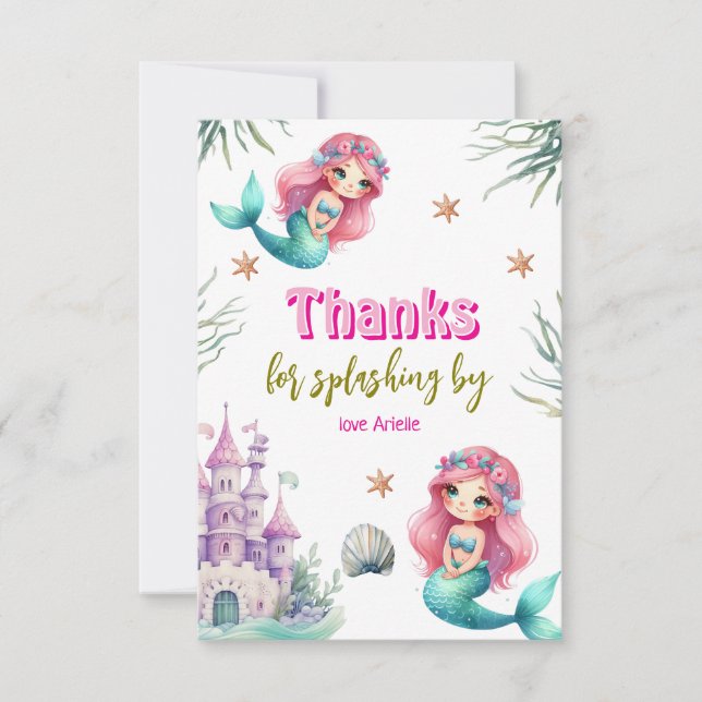 Pink Mermaid Burg Geburtstag Dankeskarte (Vorderseite)