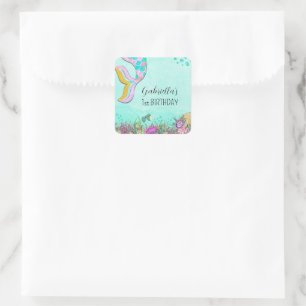 Pink Mermaid First Birthday Quadratischer Aufkleber