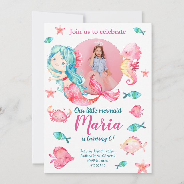 Pink Mermaid Kid's Foto Girl Birthday Einladung (Vorderseite)