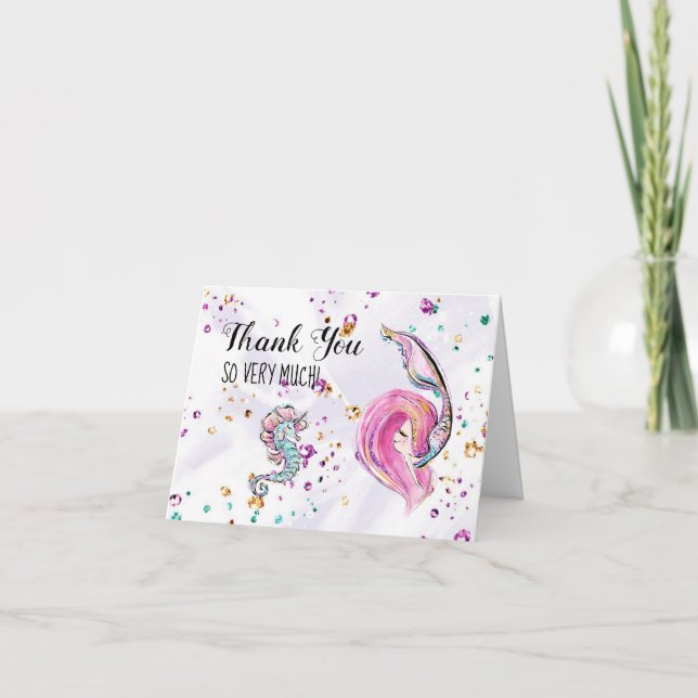 *~* Pink Mermaid Sea Horse Baby Dusche Vielen Dank Dankeskarte (Vorderseite)