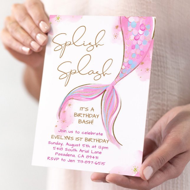 Pink Mermaid Splish Splash Girl Birthday Einladung (Von Creator hochgeladen)