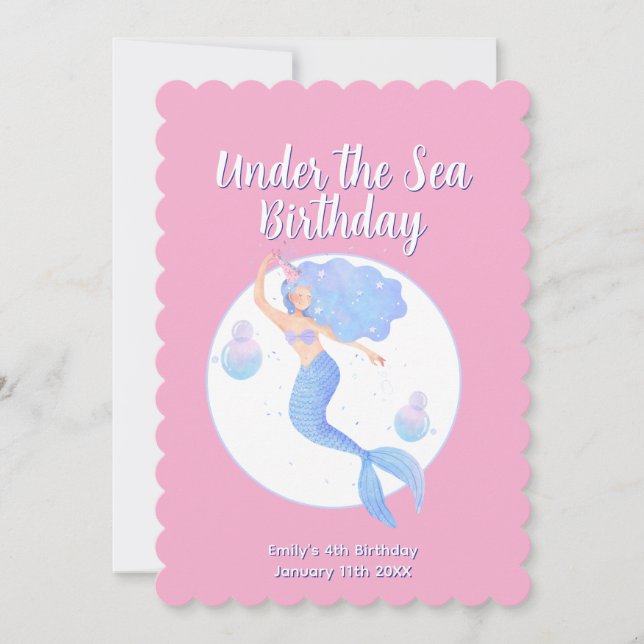 Pink Mermaid Theme Kindergeburtstag Party Einladung (Vorderseite)