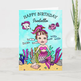 Pink Mermaid Themed Happy Birthday Card Karte