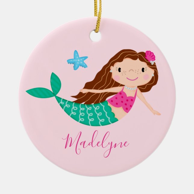 Pink Mermaid Weihnachtsname Keramik Ornament (Vorne)