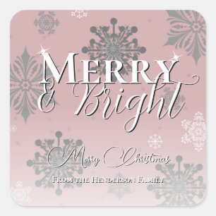 Pink Merry and Bright Schneeflocken Weihnachten Quadratischer Aufkleber