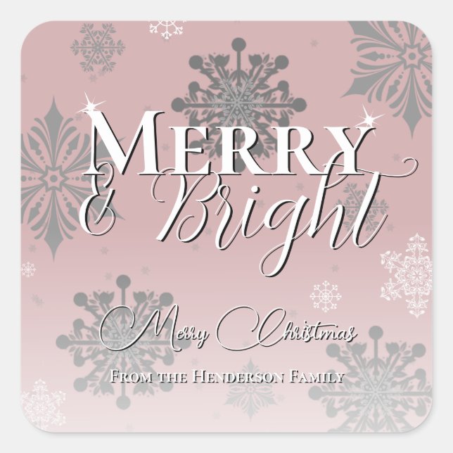 Pink Merry and Bright Schneeflocken Weihnachten Quadratischer Aufkleber (Vorderseite)