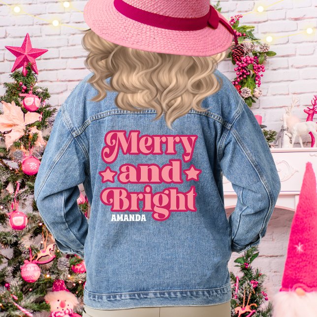 Pink Merry & Bright Weihnachten Personalisierter N Jeansjacke (Von Creator hochgeladen)