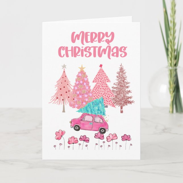 Pink Merry Christmas Trees Card Ankündigung (Vorderseite)