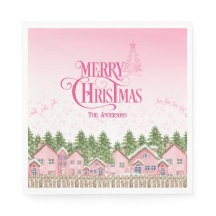 Pink Merry Christmas Village Party Paper Napkins