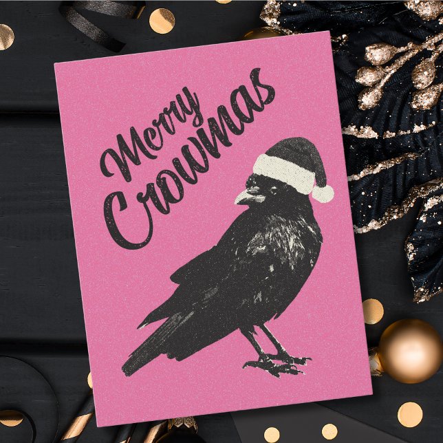 Pink Merry Crowmas Weihnachtsfeiertag Postkarte (A funny crow with a Santa hat makes this pink Merry Crowmas  Christmas postcard whimsical and unique)