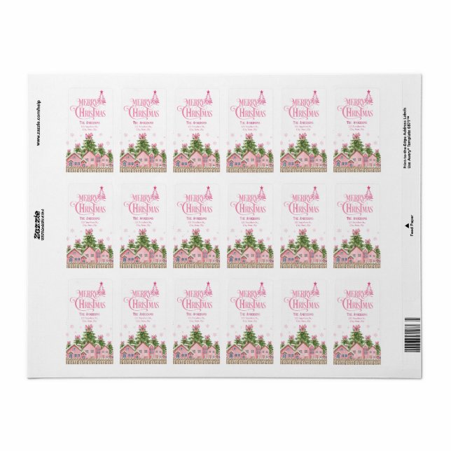 Pink Merry Village Tree Étiquettes de adresse (Feuille entière)