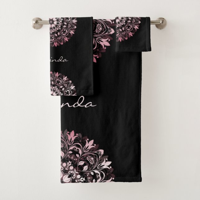 Pink Metallic Black | Floral Mandala | Monogram Badhandtuch Set (Insitu)