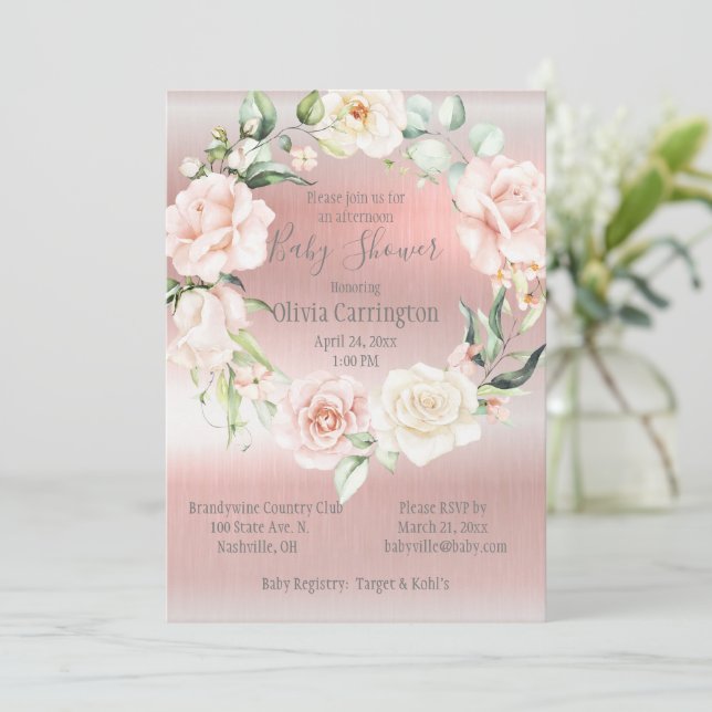 Pink Metallic Floral Script Elegant Baby Dusche Einladung (Stehend Vorderseite)