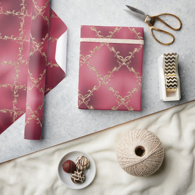 Pink Metallic Gold Glitzer Damask Geschenkpapier (Kunsthandwerk)