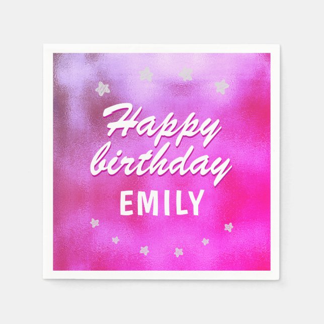 Pink Metallic Star Girly Happy Birthday Serviette (Vorderseite)