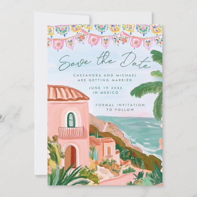 Pink Mexican Beach Town Destination Wedding Save The Date (Vorderseite)