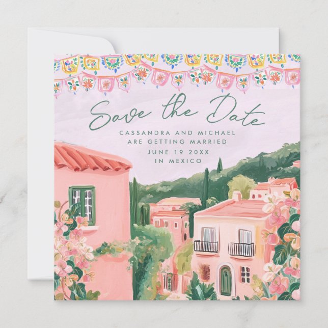 Pink Mexican Town Destination Wedding Save The Date (Vorderseite)