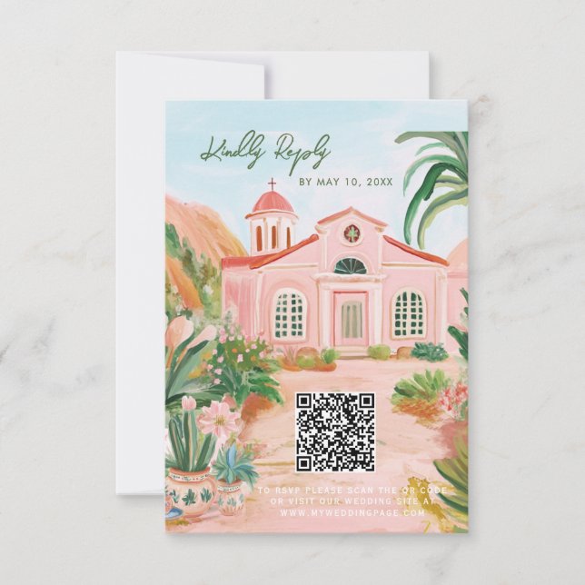 Pink Mexico Zielort QR Code RSVP Karte (Vorderseite)