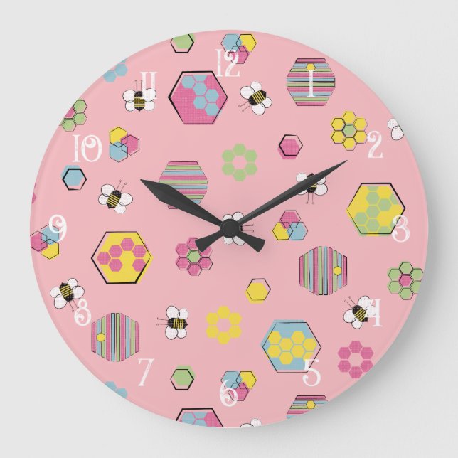 Pink Midjahrhundert Retro Honey Bee Muster Große Wanduhr (Vorderseite)