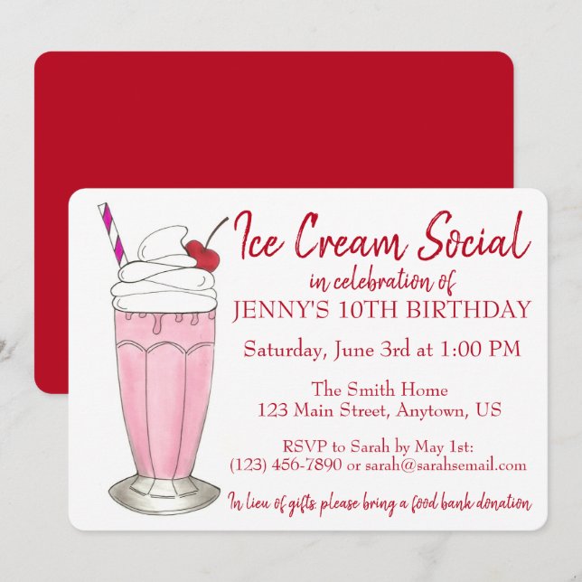Pink Milkshake Ice Creme Social Birthday Party Einladung (Vorne/Hinten)